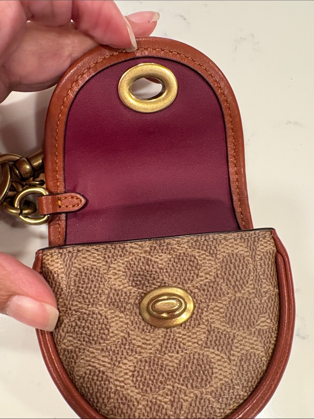 Coach Brown Signature Coin Pouch Key Holder with Tan Trim - Picture 7 of 8